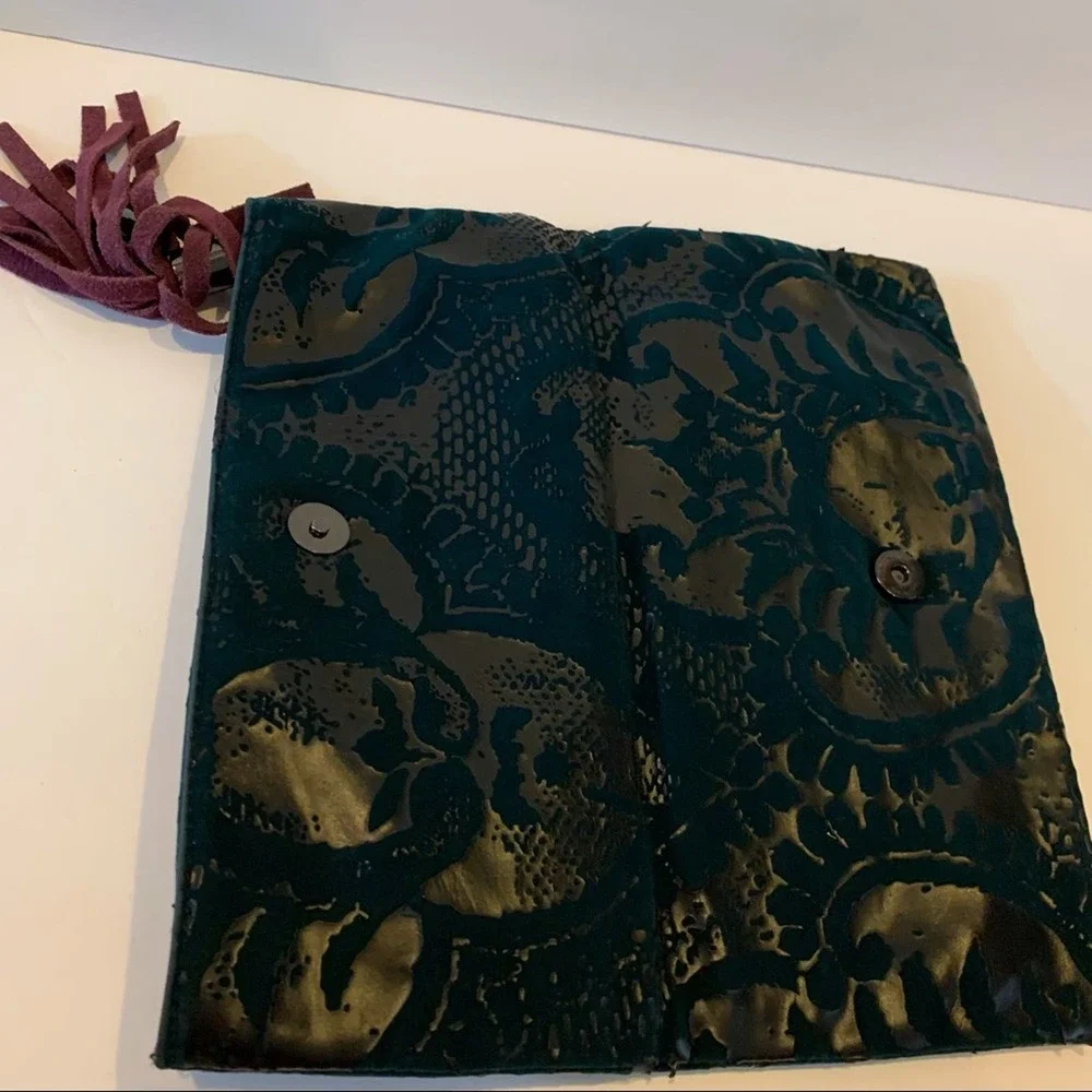 EUC The Limited Teal and Greige Velvet Damask Pouch Clutch Evening Bag Purse‎
